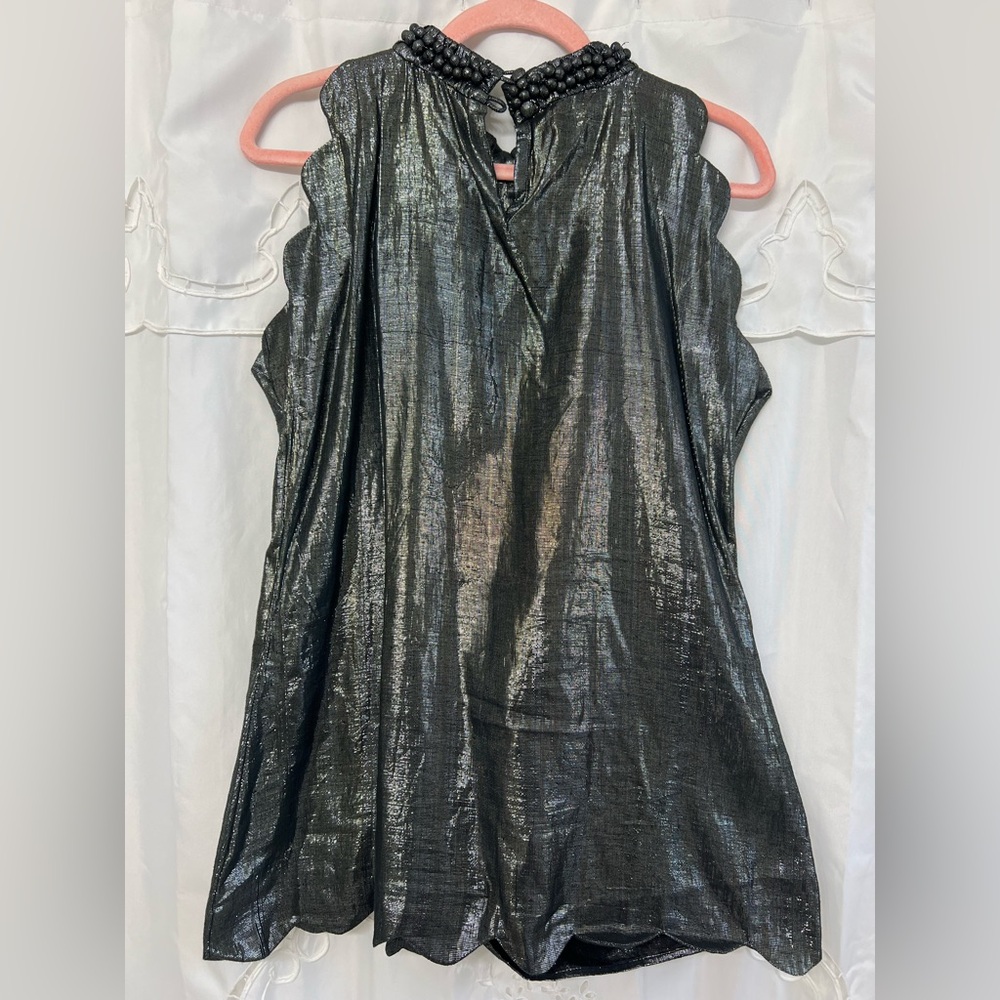 Rungolee Metallic Tunic Top Textured Collar Waist Tie Silver Scalloped Size M - Picture 5 of 9